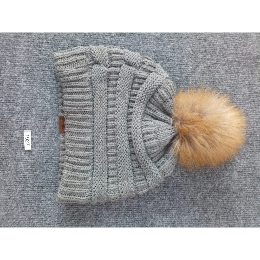 C.C  Stretch Cable Knit Ribbed Super Soft Faux Fur Pom Pom Beanie Hat cc